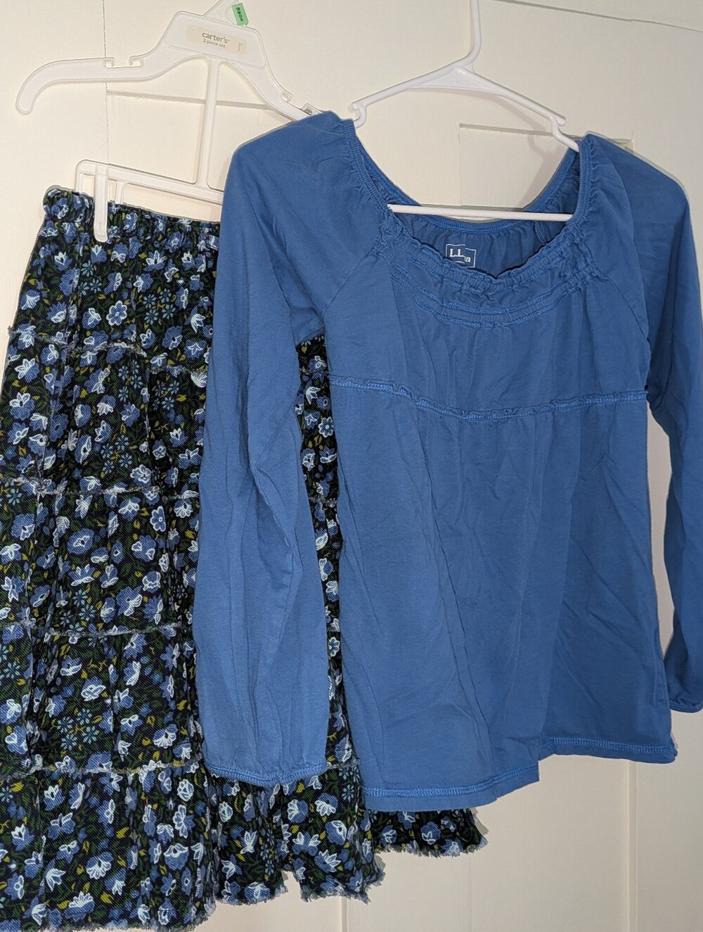L.L. Bean Navy Blue Floral Tiered Ruffle Skirt And Matching Blouse